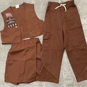 Girl Scouts 3 Piece Brownie Uniform Set Vest Skort Pants Size Small Patches